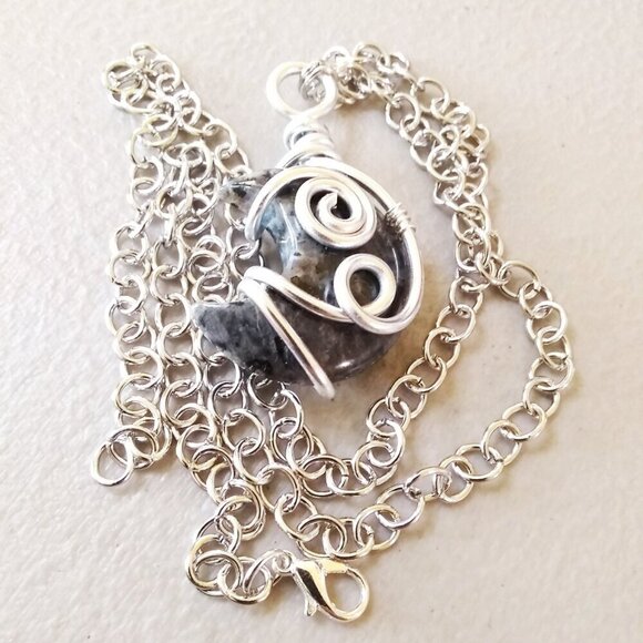 Chunky Larvikite Moon Pendant! Wire Wrapped - Gray Silver Black Labrador… - Picture 9 of 12